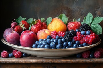 vibrant still life of assorted fresh fruits and berries rich colors and textures appetizing arrangement on rustic wooden surface