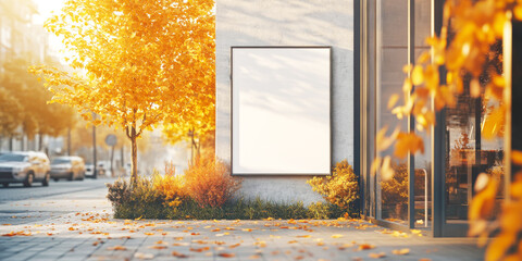 Wall Mural - A quiet street corner with an empty billboard mock up for exterior advertisement surrounded by vibrant autumn foliage in the late afternoon sun