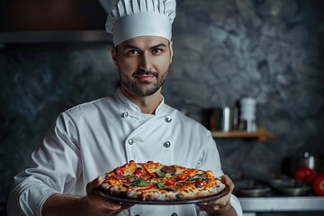 Wall Mural - Male chef with hot pizza in restaurant