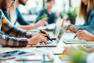 A group of colleagues working together in a modern office environment, using laptops and tablets, focused on a collaborative project.