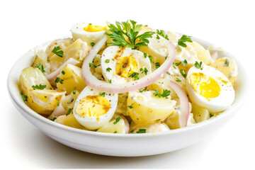 Poster - Potato salad with eggs and parsley on white background