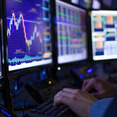 Poster - Hands typing on a keyboard in front of multiple computer monitors showing financial data