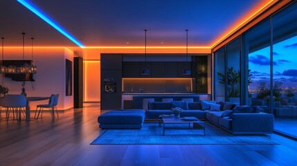 Wall Mural - Smart Homes with Integrated AI-Driven Lighting Systems: A home where lighting adjusts automatically based on mood and activity.