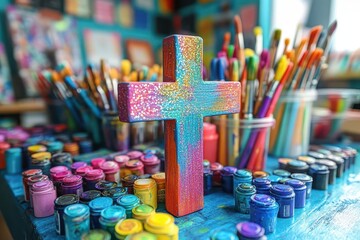 whimsical craft table overflowing with colorful vacation bible school supplies centerpiece wooden cross adorned with glitter surrounded by paintbrushes stickers and inspirational messages