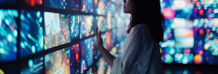 Wall Mural - Young woman interacting with multiple digital screens displaying various data and information,