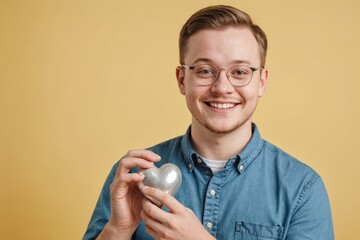 Young smiling happy man with down syndrome wear glasses casual clothes look camera hold in palms silver heart toy isolated on pastel plain yellow color background