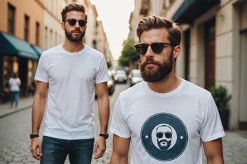 Front and back view of a hipster handsome male model with beard wearing white blank t-shirt with space for your logo or design in casual urban style with sunglasses