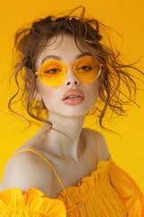 Sticker - Young woman models vibrant spring fashion against a yellow backdrop