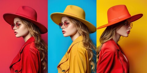 Sticker - Spring fashion showcase featuring colorful hats against vibrant backgrounds