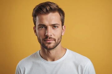 Colorful portrait of a handsome man dressed in white t-shirt on the yellow background