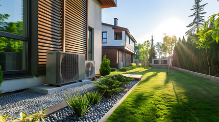 Modern residential outdoor garden showcasing an array of heating, air conditioning, and ventilation (HVAC) units installed for efficient home climate control
