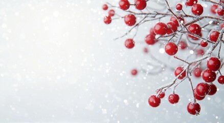 Wall Mural - Red winter berries glistening with snow in a soft, blurred background