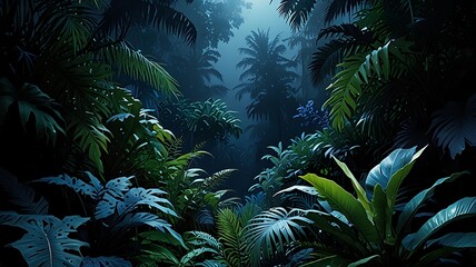 Tropical serenity blue hued foliage against a cosmic backdrop. Generative Ai.