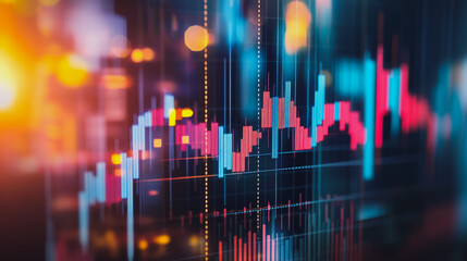 Abstract with pastel colorful charts and graphs with statistics to analyze business potential and forecast future development of companies growth. with city skyline and modern building background