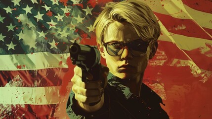 Cinematic hero, spy, A young adult with blonde hair and sunglasses points a gun, set against a bold American flag