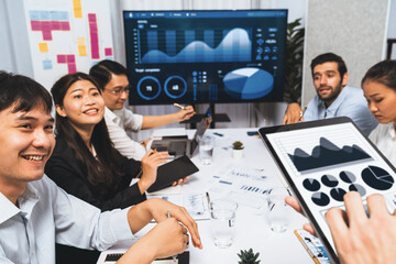 Aufkleber - Analyst team uses BI Fintech display tablet to analyze financial data . Business people analyze BI software technology dashboard power for insights power into business marketing planning. Prudent
