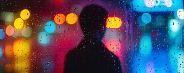 silhouette of a man against the background of glass with rain and neon light.