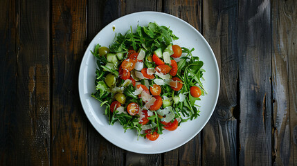 Fresh arugula salad with cherry tomatoes and parmesan cheese on a white plate, set on a rustic wooden table