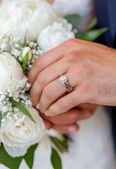 Bride holding a floral bouquet with peonies and a sparkling engagement ring during a wedding