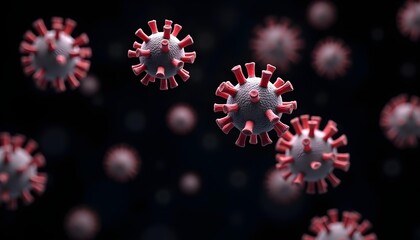 Wall Mural - Close-up view of red and pink coronavirus particles against a dark background