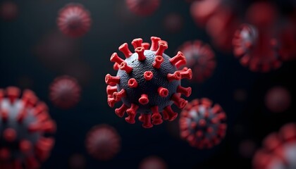 Wall Mural - A close-up view of a red and white coronavirus particle against a dark background
