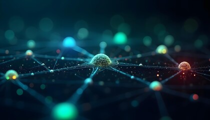 Wall Mural - glowing green and blue abstract network or neural connections, with a central focal point and blurre