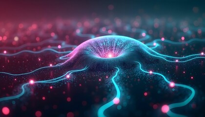 Wall Mural - Glowing blue and pink neural network with sparks of electricity, against a dark background