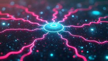 Wall Mural - A glowing blue orb surrounded by pink and blue lightning bolts against a dark background with twinkling stars