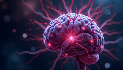 Wall Mural - A close-up view of a human brain with glowing red and blue neural pathways, against a dark background