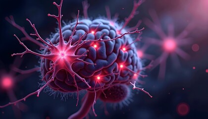 Wall Mural - a close-up view of a neuron with its intricate network of dendrites and axons, glowing with red and 