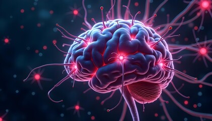 Wall Mural - A detailed, colorful rendering of a human brain with glowing red and blue neural pathways, surrounded by a dark background with abstract shapes and lighting effects