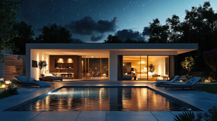 Canvas Print - A house with a pool and patio area lit up at night, AI