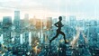 © CreativePulse - A bustling cityscape merging with the image of a person running, capturing the dynamic energy of urban life, with generous space for copy. High resolution 8K