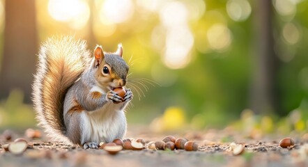 Squirrel gathering acorns in a sunlit forest during autumn