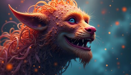 A close-up of a fierce, snarling orange creature with glowing blue eyes, sharp teeth, and a spiky, textured fur coat