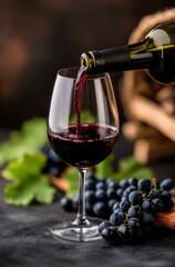 Poster - Pouring red wine into a glass beside fresh grapes and autumn leaves