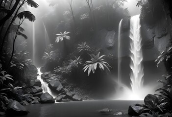 A majestic waterfall cascading down a cliff in a dense jungle, with mist rising and sunlight filtering through the canopy