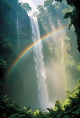 Wall Mural - A majestic waterfall cascading down a cliff in a dense jungle, with mist rising and sunlight filtering through the canopy