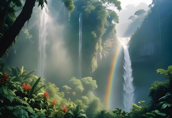 Wall Mural - A majestic waterfall cascading down a cliff in a dense jungle, with mist rising and sunlight filtering through the canopy