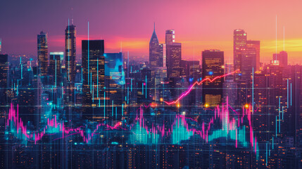 Abstract with pastel colorful charts and graphs with statistics to analyze business potential and forecast future development of companies growth. with city skyline and modern building background