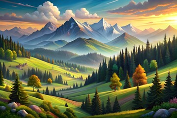 a vibrant, lush landscape painting of a sun-drenched meadow, with a majestic mountain range in the b