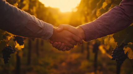 two men shaking hands at sunset in a wheat field