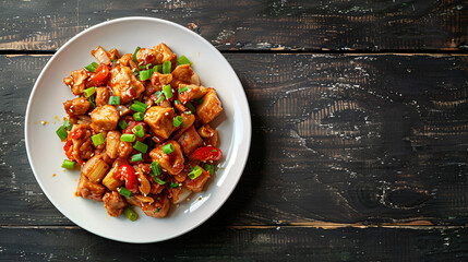 Wall Mural - Serving a delectable chicken cashew stir fry on a rustic wooden background with a white plate