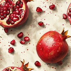 Freshly sliced pomegranates with juicy seeds arranged on a light surface at midday