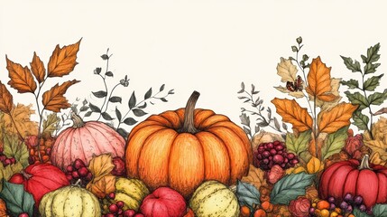 Poster - A drawing of a painting with pumpkins and leaves, AI