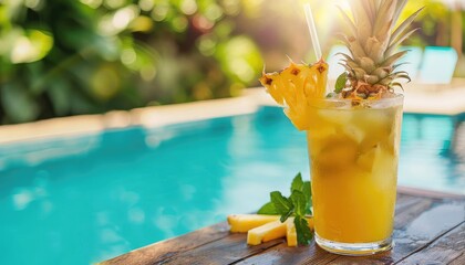 Refreshing pineapple cocktail by the pool on a sunny day.