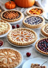 Wall Mural - Assorted pies and pumpkins displayed on a table during a fall harvest festival