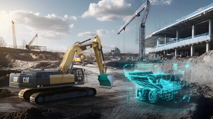 Yellow excavator on a construction site with a digital rendering of a dump truck in the foreground.