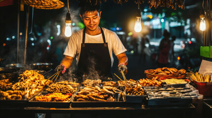 Canvas Print - A man in a white shirt and black pants standing at an outdoor food stand, AI