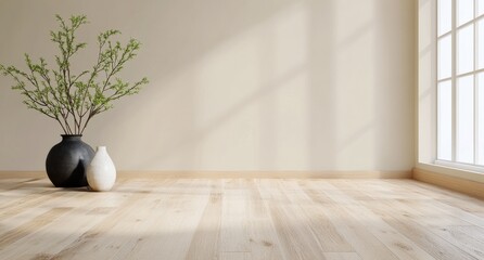 Canvas Print - Elegant black vase with flowering branches and white candle on a wooden surface by natural light